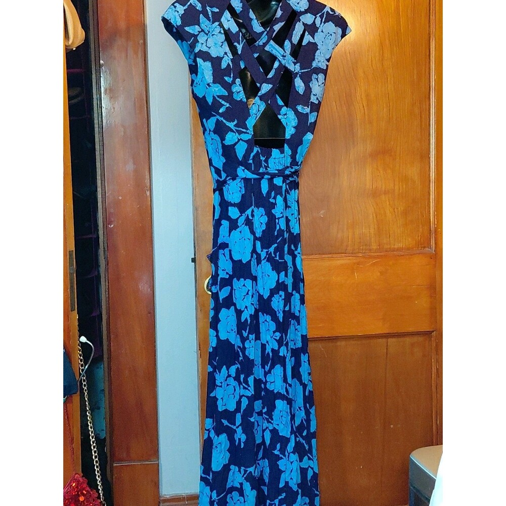 Vintage RJ Co Sz 12 Blue Floral Cap Sleeve Button Down Shoulder Pads Maxi Dress - Picture 11 of 16